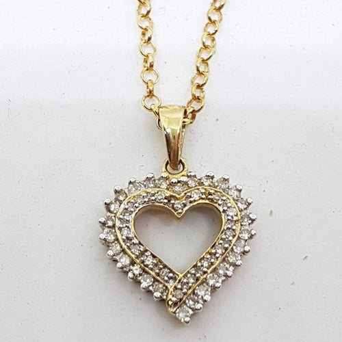 10ct Yellow Gold Diamond Heart Pendant on 9ct Gold Chain