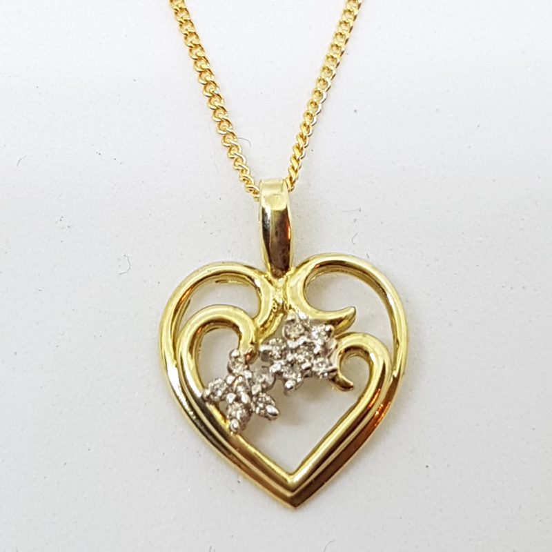 10ct Yellow Gold Diamond Ornate Heart Pendant on 9ct Gold Chain