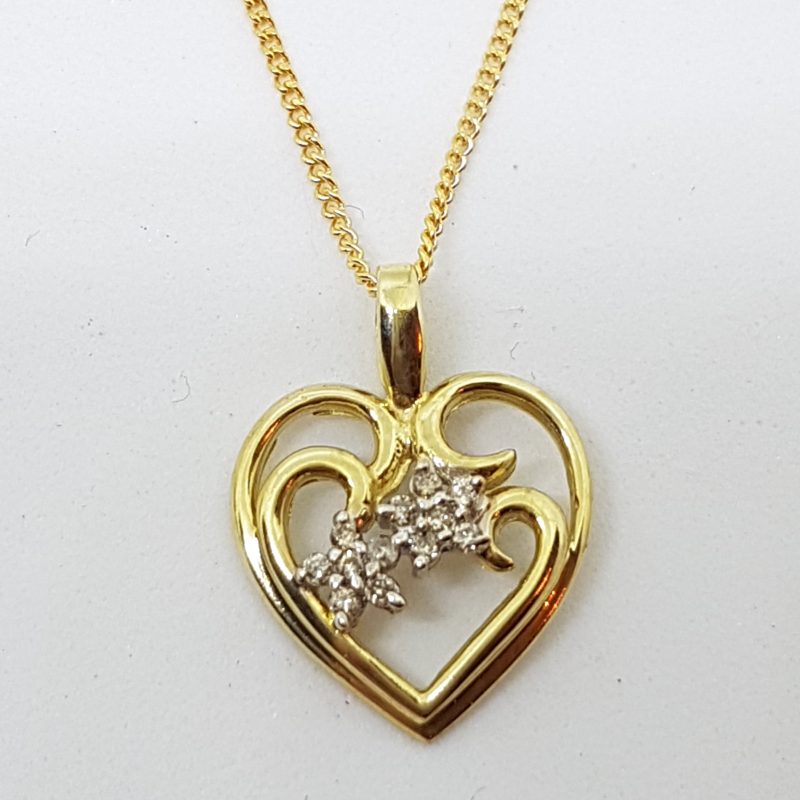 10ct Yellow Gold Diamond Ornate Heart Pendant on 9ct Gold Chain