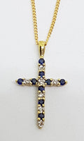 9ct Yellow Gold Natural Sapphire and Diamond Crucifix / Cross Pendant on 9ct Chain