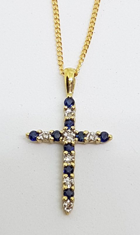 9ct Yellow Gold Natural Sapphire and Diamond Crucifix / Cross Pendant on 9ct Chain