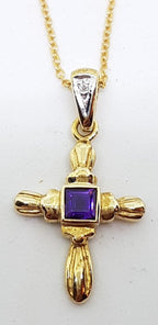 9ct Yellow Gold Amethyst and Diamond Crucifix  / Cross Pendant on 9ct Chain