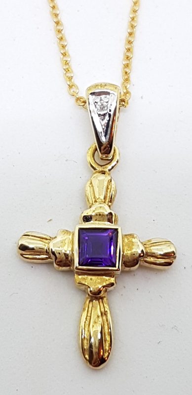 9ct Yellow Gold Amethyst and Diamond Crucifix  / Cross Pendant on 9ct Chain