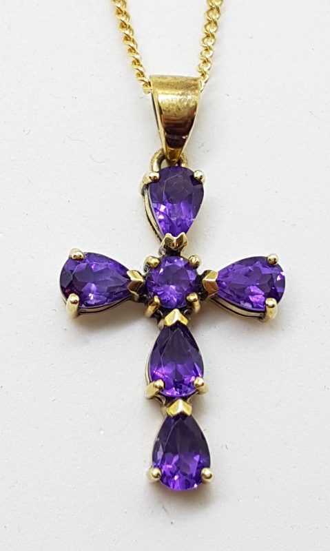 9ct Yellow Gold Amethyst Crucifix  / Cross Pendant on 9ct Chain