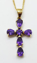 9ct Yellow Gold Amethyst Crucifix  / Cross Pendant on 9ct Chain