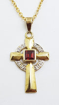 9ct Yellow Gold Garnet and Diamond Celtic Crucifix / Cross Pendant on 9ct Chain