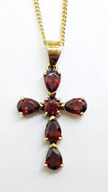 9ct Yellow Gold Garnet Crucifix  / Cross Pendant on 9ct Chain