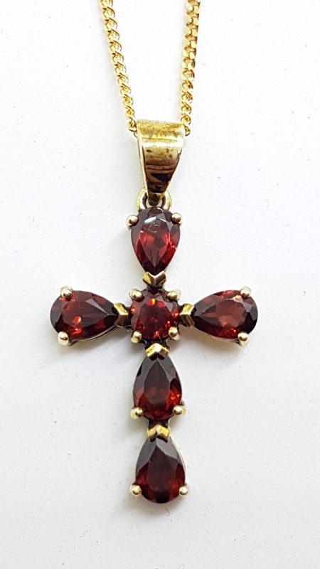 9ct Yellow Gold Garnet Crucifix  / Cross Pendant on 9ct Chain