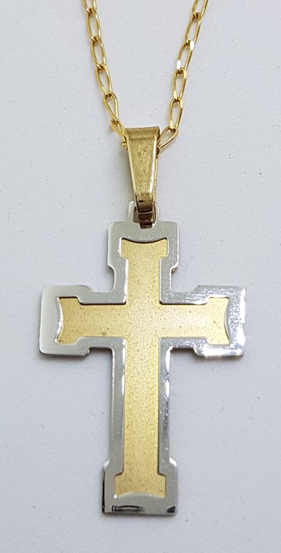 9ct Yellow Gold &amp; White Gold Crucifix / Cross Pendant on 9ct Chain - Two Tone