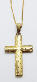 9ct Yellow Gold Matte Finish Patterned Crucifix / Cross Pendant on 9ct Chain