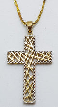 9ct Yellow Gold &amp; White Gold Crucifix / Cross Pendant on 9ct Chain - Two Tone - Open Filigree Design