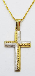 9ct Yellow Gold &amp; White Gold Crucifix / Cross Pendant on 9ct Chain - Two Tone - Ornate Design