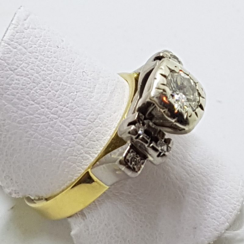18ct Yellow Gold & Platinum High Set Diamond Engagement / Dress Ring - Antique / Vintage