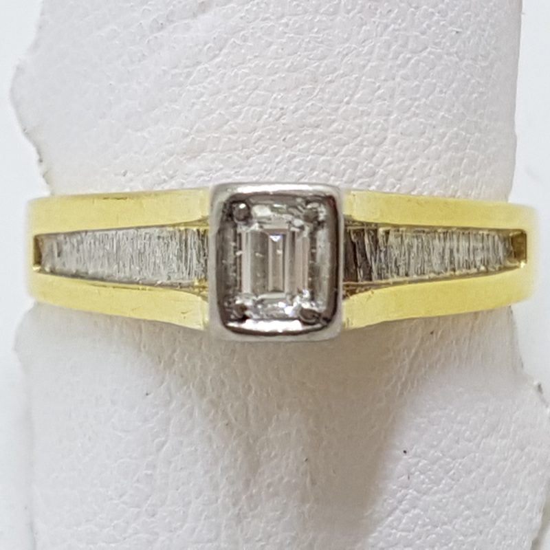 18ct Yellow Gold & Platinum High Set Baguette Solitaire Diamond Ring - Antique / Vintage