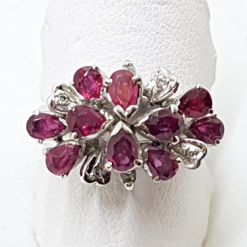 18ct White Gold Ruby and Diamond Large Cluster Ring - Antique / Vintage