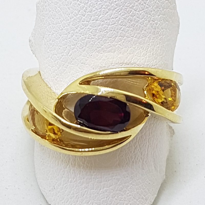 9ct Yellow Gold Garnet &amp; Citrine Wide Open Wave Ring