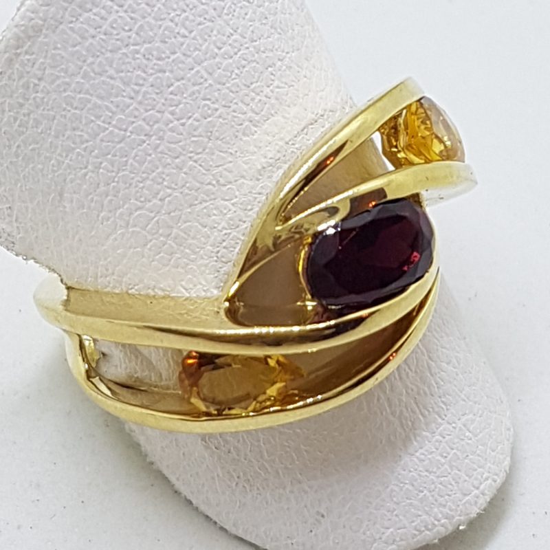 9ct Yellow Gold Garnet &amp; Citrine Wide Open Wave Ring