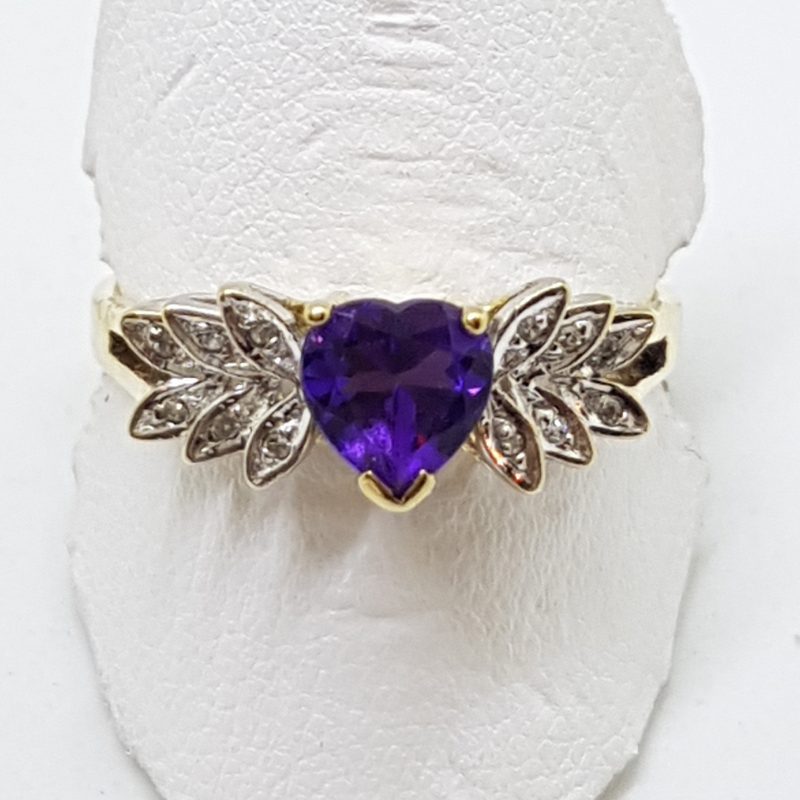 9ct Yellow Gold Amethyst Heart with Diamonds Ornate Ring