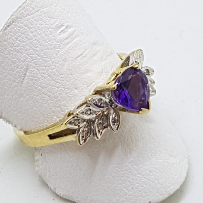 9ct Yellow Gold Amethyst Heart with Diamonds Ornate Ring