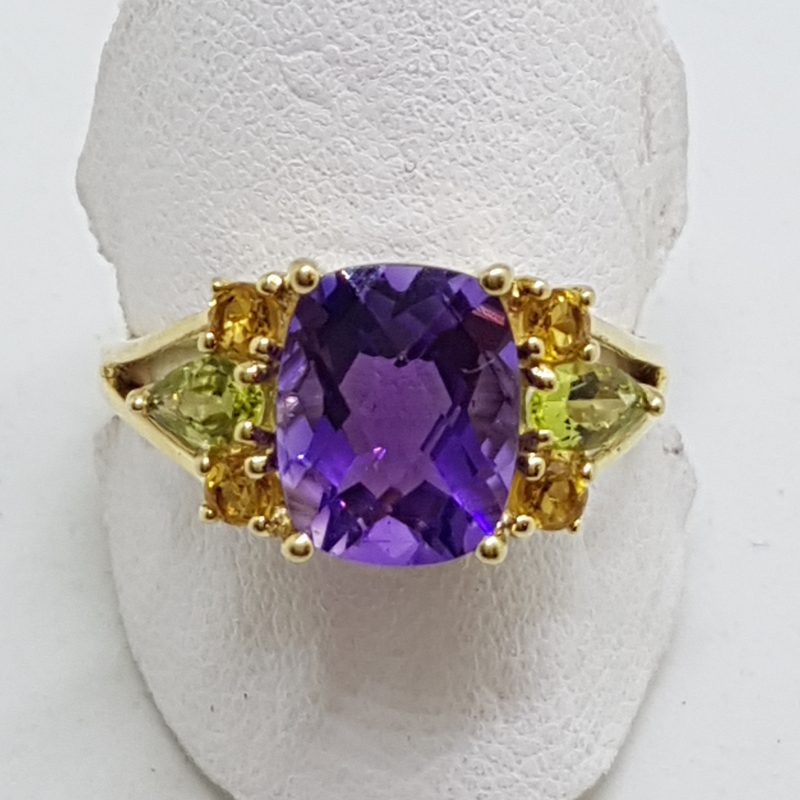 10ct Yellow Gold Stunning Amethyst, Peridot and Citrine Cluster Ring