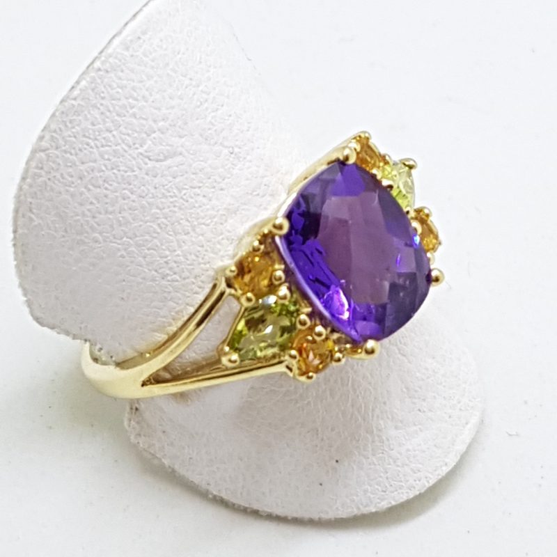 10ct Yellow Gold Stunning Amethyst, Peridot and Citrine Cluster Ring