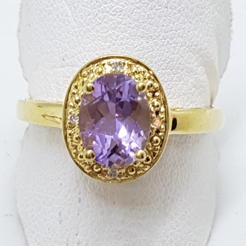 9ct Yellow Gold Amethyst &amp; Diamond Ornate Oval Ring