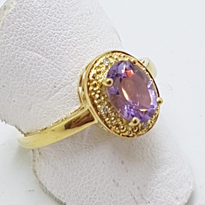 9ct Yellow Gold Amethyst &amp; Diamond Ornate Oval Ring