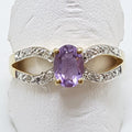 9ct Yellow Gold Amethyst &amp; Diamond Open Design Oval Ring
