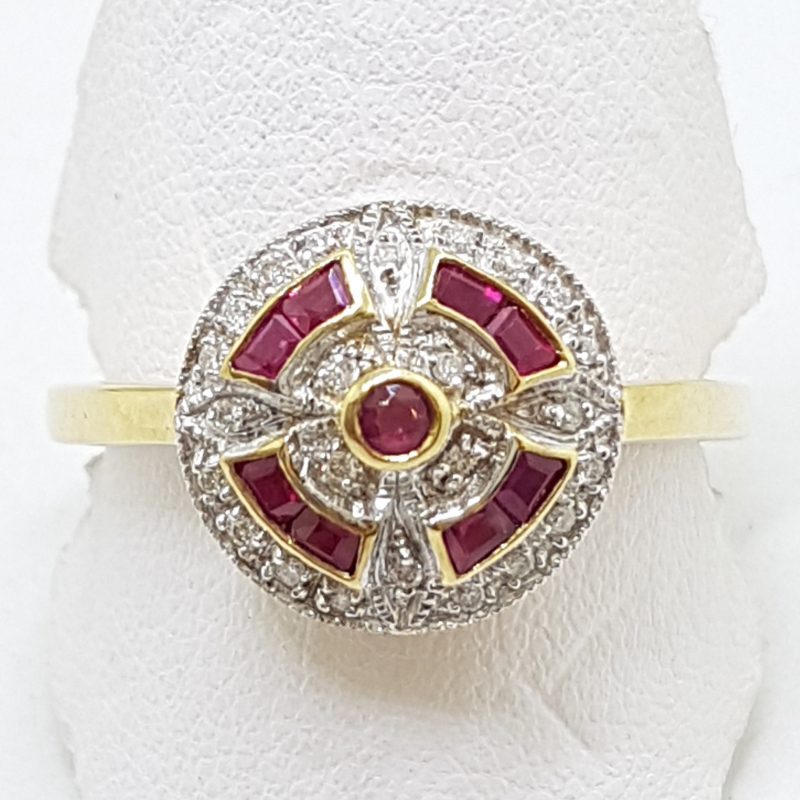 9ct Yellow Gold Natural Ruby &amp; Diamond Round Cluster Art Deco Style Ring