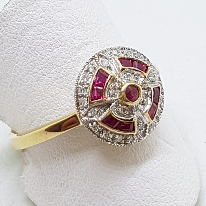 9ct Yellow Gold Natural Ruby &amp; Diamond Round Cluster Art Deco Style Ring