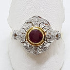 9ct Yellow Gold Natural Ruby &amp; Diamond Large Ornate Cluster Art Deco Style Ring