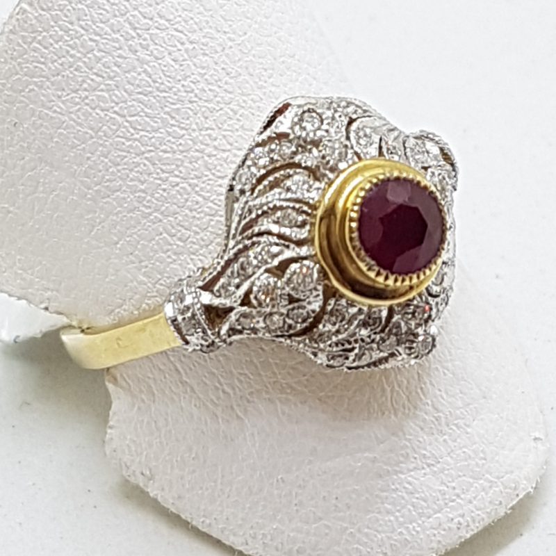 9ct Yellow Gold Natural Ruby &amp; Diamond Large Ornate Cluster Art Deco Style Ring