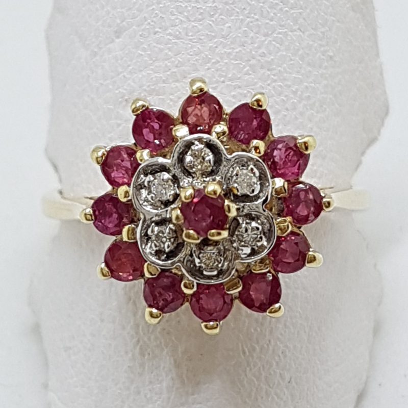 9ct Yellow Gold Natural Ruby &amp; Diamond Round Cluster Ring