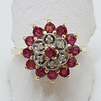 9ct Yellow Gold Natural Ruby &amp; Diamond Round Cluster Ring