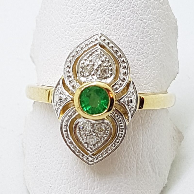 9ct Yellow Gold Natural Emerald &amp; Diamond Ornate Art Deco Style Cluster Ring