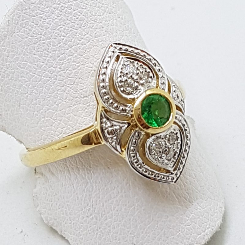 9ct Yellow Gold Natural Emerald &amp; Diamond Ornate Art Deco Style Cluster Ring