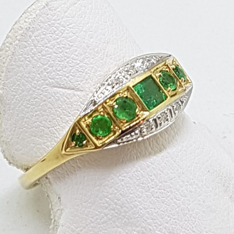 9ct Yellow Gold Natural Emerald &amp; Diamond Bridge Set / Eternity Art Deco Style Ring