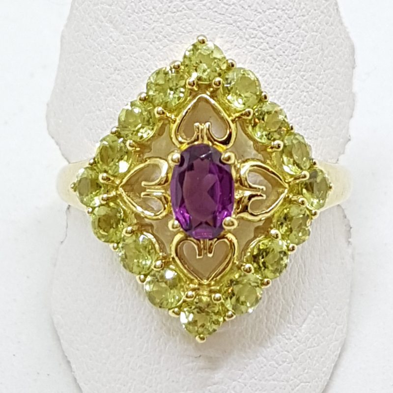 9ct Yellow Gold Peridot &amp; Rhodolite Garnet Ornate Filigree Large Ring