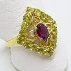 9ct Yellow Gold Peridot &amp; Rhodolite Garnet Ornate Filigree Large Ring