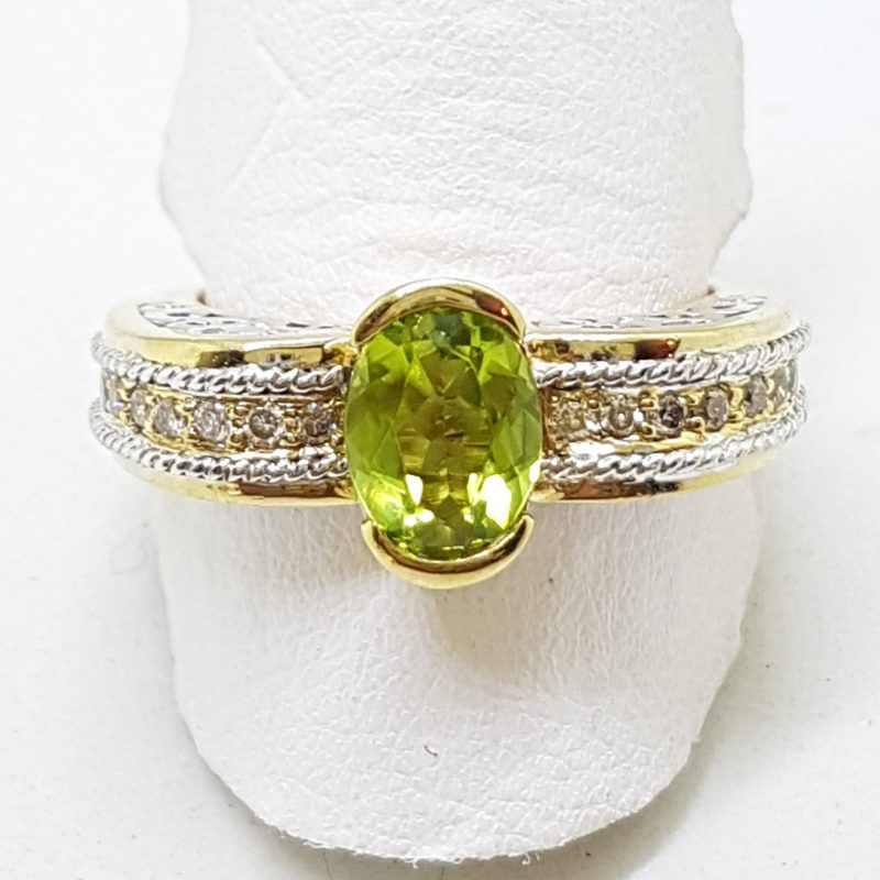 9ct Yellow Gold Oval Peridot &amp; Diamond Ornate Ring
