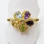 9ct Yellow Gold Peridot, Citrine, Topaz, Amethyst, Garnet &amp; Diamond Flower Cluster Ring - Starfish