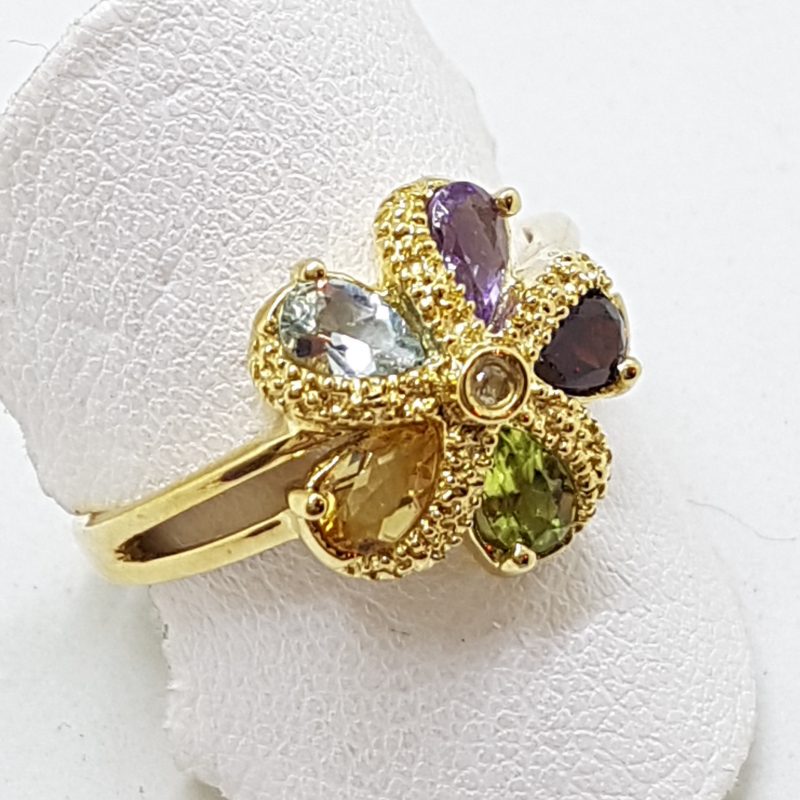 9ct Yellow Gold Peridot, Citrine, Topaz, Amethyst, Garnet &amp; Diamond Flower Cluster Ring - Starfish
