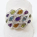 9ct Yellow Gold Multi-Coloured Gemstone Wide Ring – Citrine, Topaz, Peridot, Amethyst &amp; Diamond