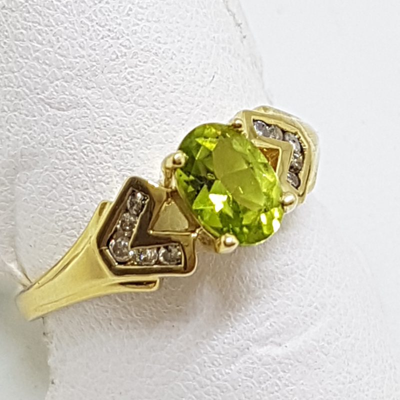 9ct Yellow Gold Peridot with Channel Set Diamonds Ring