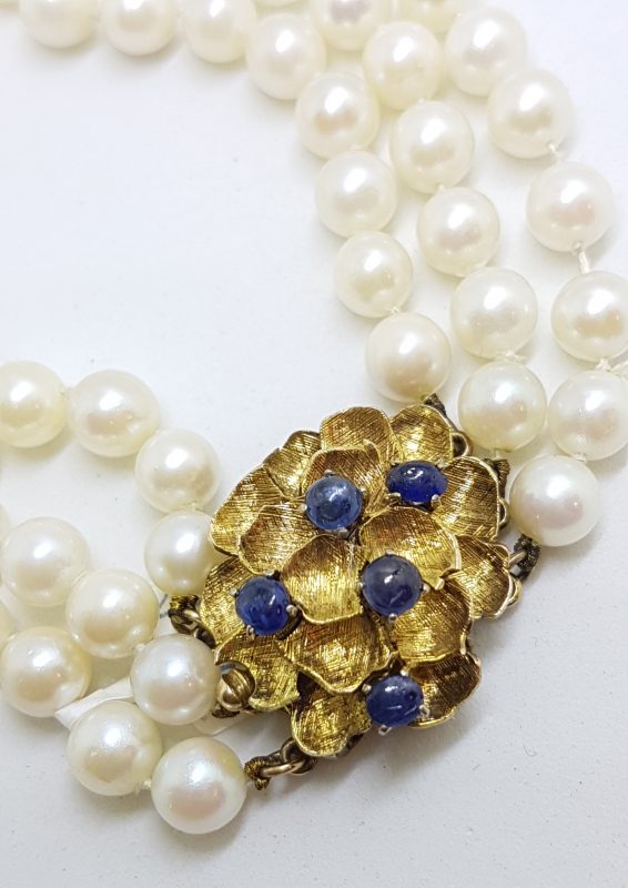 14ct Yellow Gold Large Ornate Sapphire Clasp on Multi-Strand Cultured Pearl Long Necklace /  Chain