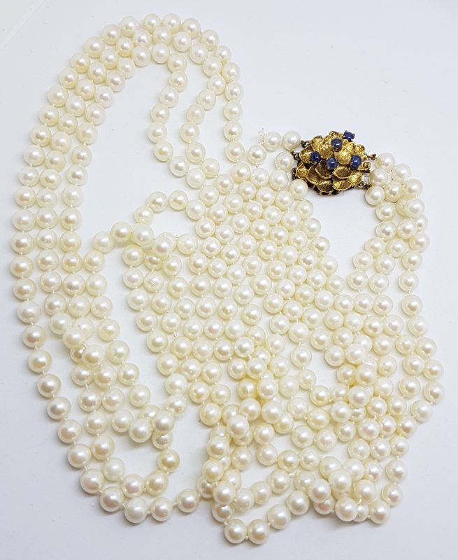 14ct Yellow Gold Large Ornate Sapphire Clasp on Multi-Strand Cultured Pearl Long Necklace /  Chain