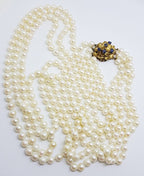 14ct Yellow Gold Large Ornate Sapphire Clasp on Multi-Strand Cultured Pearl Long Necklace /  Chain