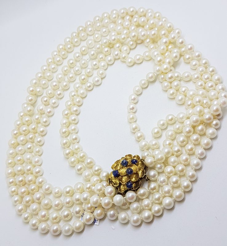 14ct Yellow Gold Large Ornate Sapphire Clasp on Multi-Strand Cultured Pearl Long Necklace /  Chain