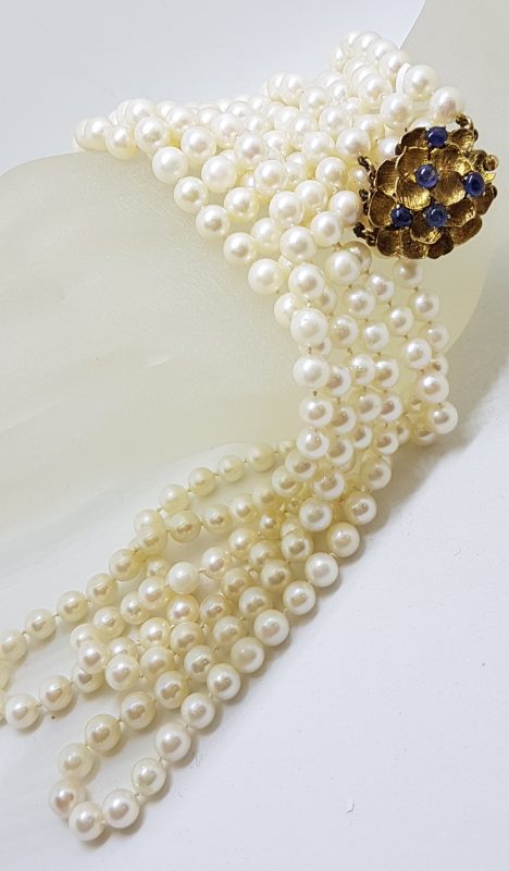 14ct Yellow Gold Large Ornate Sapphire Clasp on Multi-Strand Cultured Pearl Long Necklace /  Chain