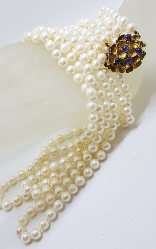 14ct Yellow Gold Large Ornate Sapphire Clasp on Multi-Strand Cultured Pearl Long Necklace /  Chain